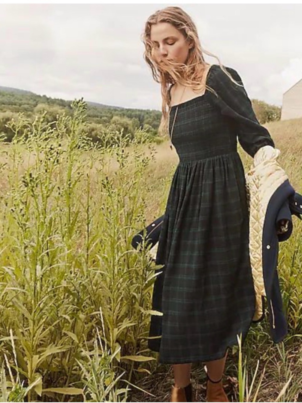 J. Crew Smocked Puff Sleeve Dress Black Watch Tartan Flannel Size L Green New